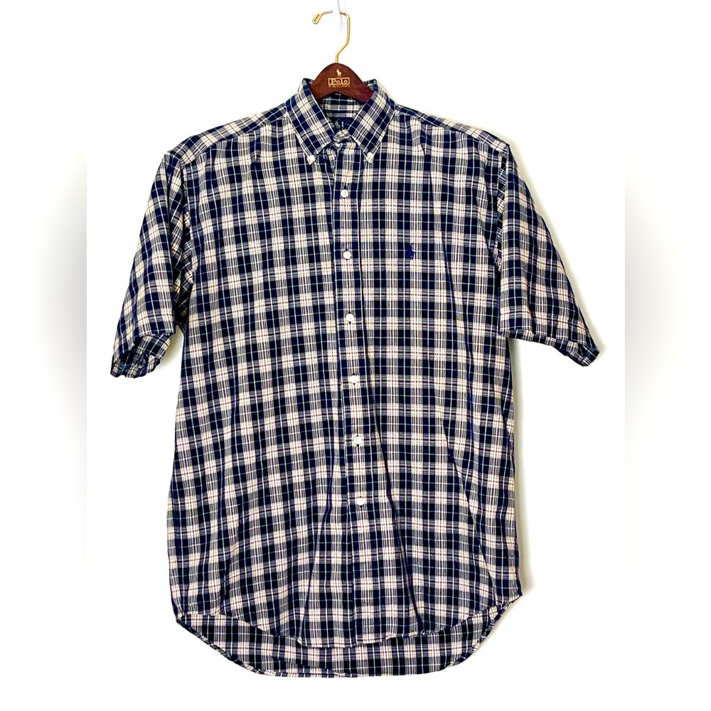 Ralph Lauren Blaire Fit Plaid Button Front Shirt Medium Brown Navy Blue Classic